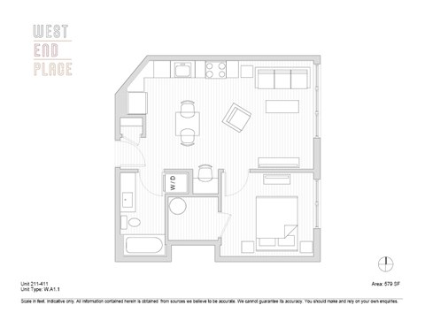 Floor plan for 1 bed, 1 bath, 579 sqft